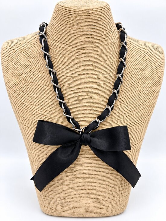 Jewelry - Black Ribbon Silver Tone Chain Bow Statement Necklace